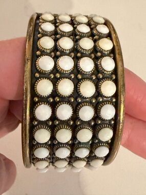 Source Unknown White and Antique Gold Wide Cuff Bracelet